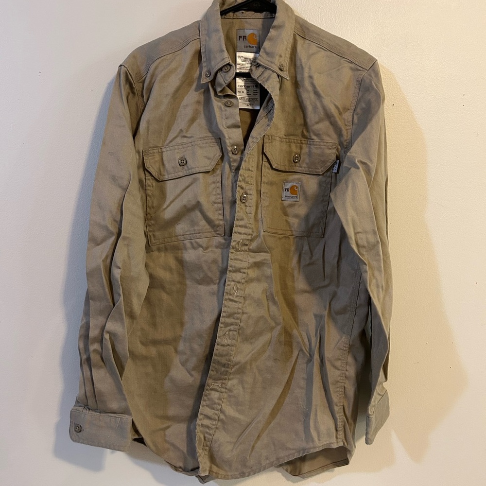 Carhartt men’s flame resistant tan beige button up shirt size small